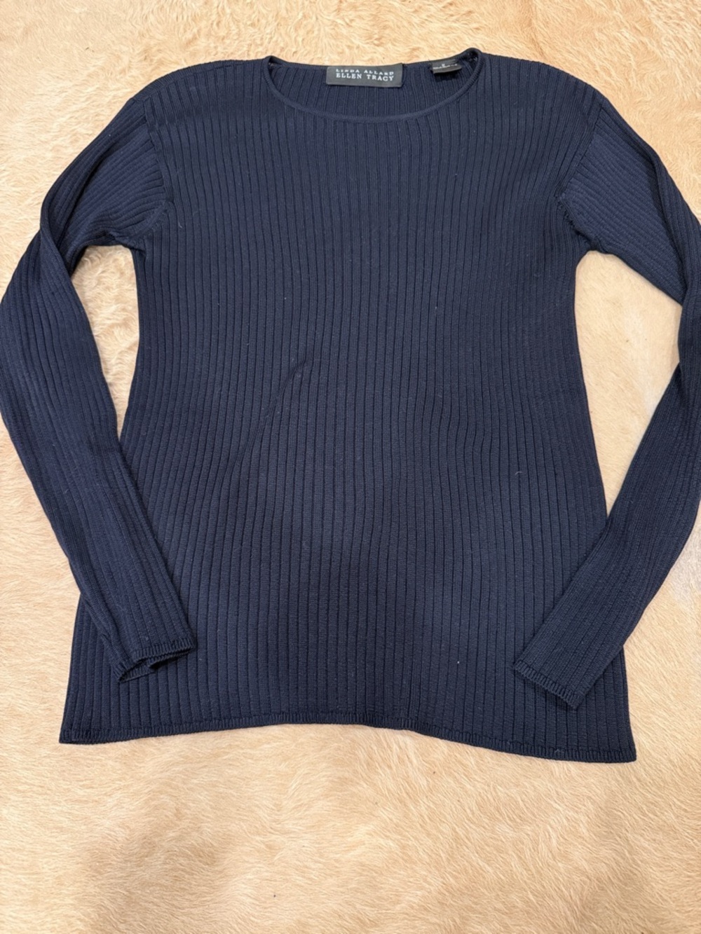 Ellen Tracy Silk Ribbed Long Sleeve Sweater in Navy